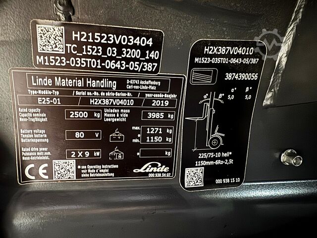 2019 serviced + safety inspection (UVV) valid until 09/2027, 12,341 operating hours Linde E25