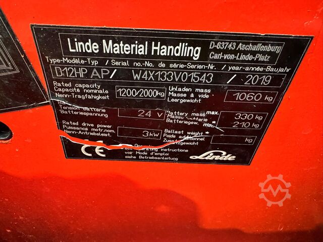 2019 serviced + safety inspection (UVV) valid until 04/2027, 1853 operating hours Linde D12HPAP