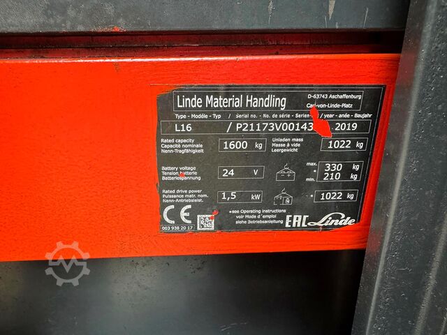 2019 serviced + safety inspection (UVV) valid until 06/2027, 3,077 operating hours Linde L16i