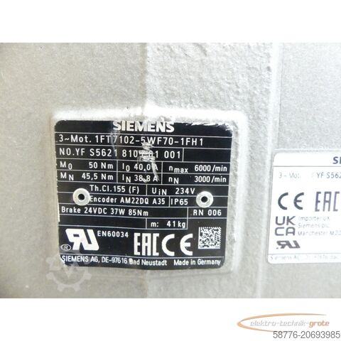 Control unit Siemens 1FT7102-5WF70-1FH1 Motor SN:YFS5621810501001--