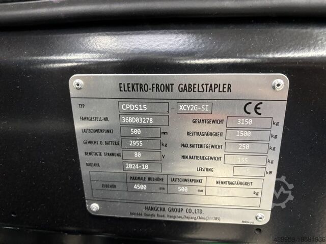 Electric 3-wheel forklift Hangcha Elektrostapler CPDS15