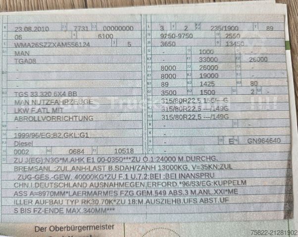 LKW-Fahrgestell MAN TGS 33.320 / WENIG KM / 6X4 / Full Steel /Manual