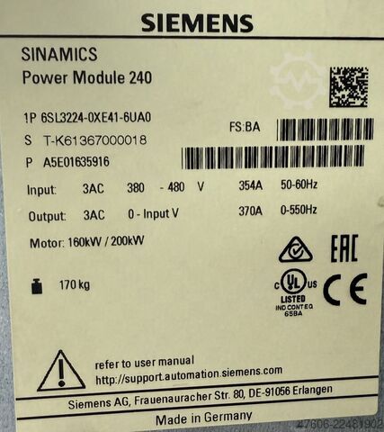 Frequency converter 200kW Siemens Sinamics PM240