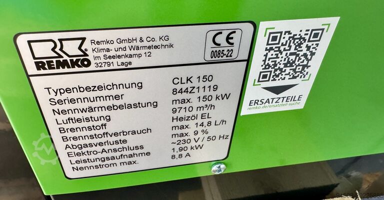 Warmluftofen Werkstattofen Hallenheizung Remko CLK 150 mit Ölbrenner