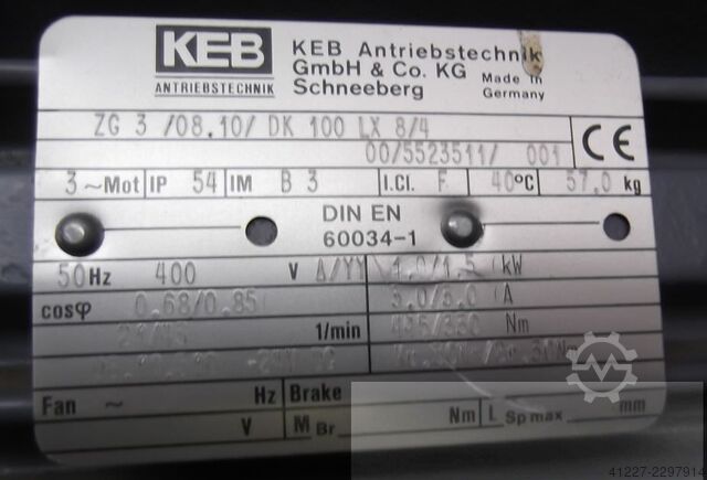 Gear motor 1.0/1.5 kW 21/43 rpm KEB ZG3/08.10/DK100LX8/4