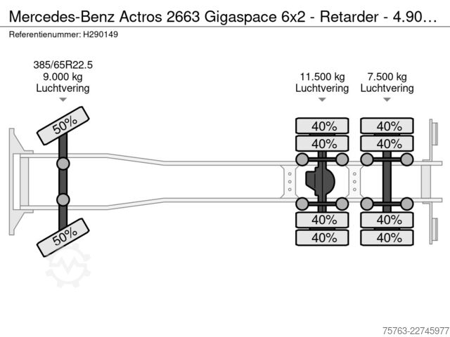 Fahrgestell mit Fahrerhaus Mercedes-Benz Actros 2663 Gigaspace 6x2 - Retarder - 4.90 WB ...