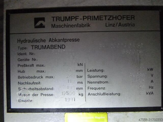 Abkantpresse - hydraulisch TRUMPF-PRIMETZHOFER TrumaBend BAH 200/4