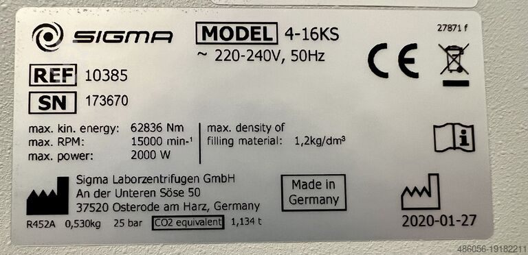 Refrigerated Centrifuge (2020) SIGMA 4-16KS