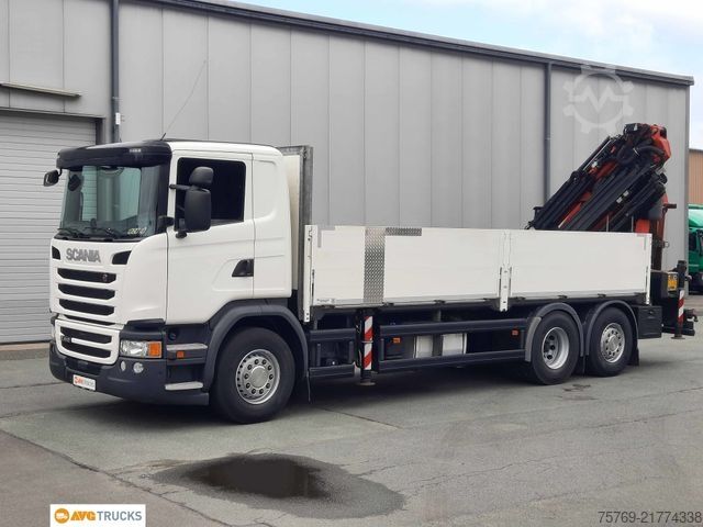 Flatbed truck SCANIA G 410 6X2*4 Faltkran PK 34002 JIB Funk Lenkachse