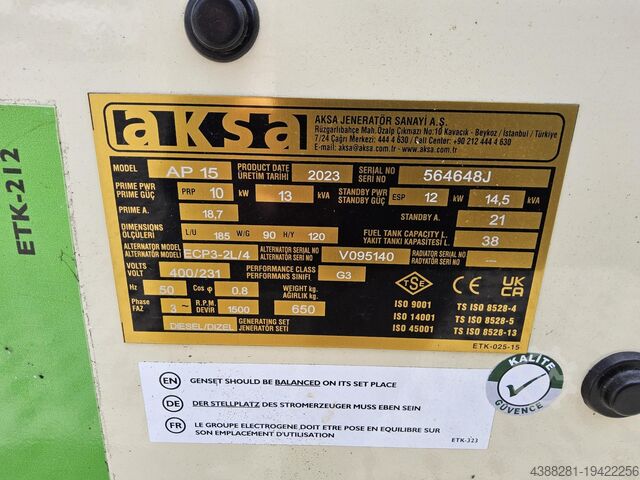 Generator AKSA AP 15 EU | 15 kVA Diesel Notstrom | Schallgedämmt | NEU 2024