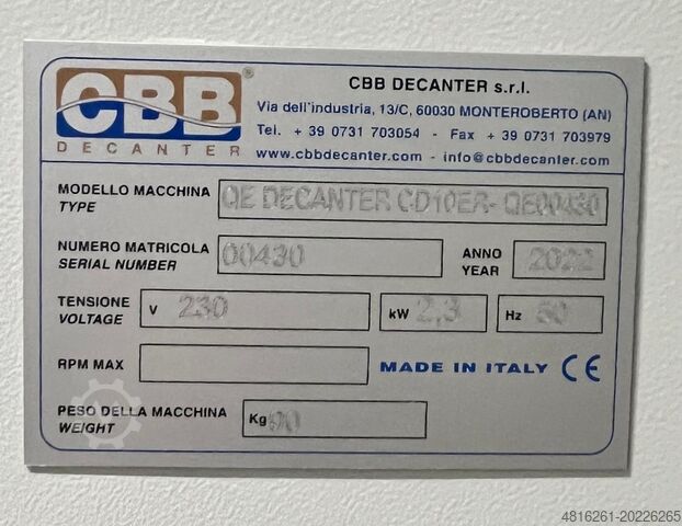 CBB DECANTER SRL, SERIES E (MODEL CD 10E) CBB Decanter Srl Serie E CD 10E