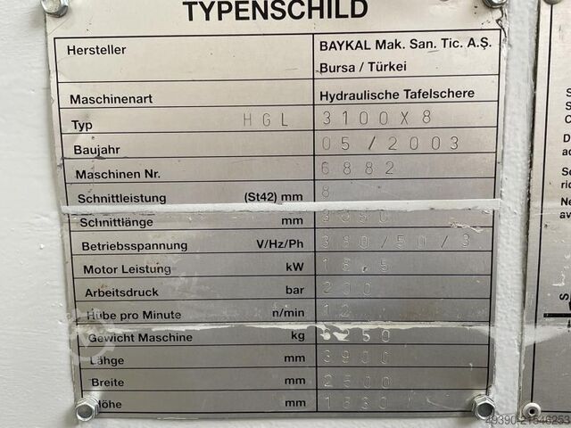 Hydr. Tafelschere, Schwingschnitt-Tafelblechschere, Tafelblechschere, Blechtafelschere BAYKAL HGL 3100 x 8