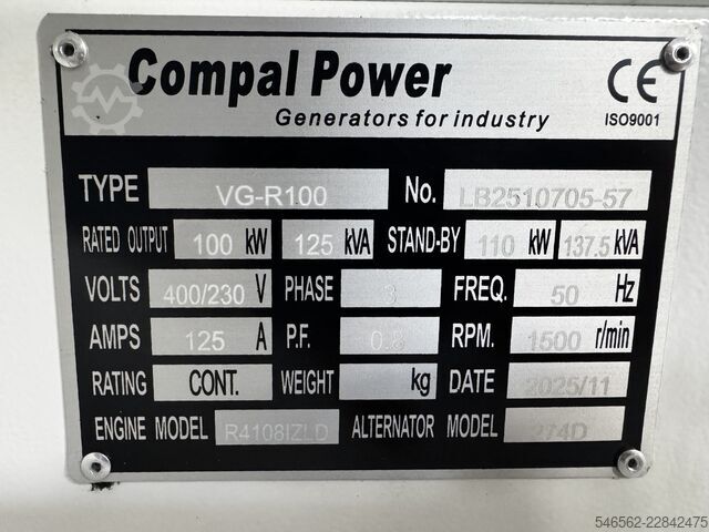 100 kW Diesel Generator – 125 kVA Compal Power VG-R100