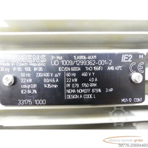 Control unit Siemens 1LA9106-4KA11 Motor SN UD1009/1299362-001-2