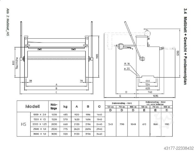 Tafelschere Blechschere SCHRÖDER - FASTI HS 2000 x 1,25 + ELGO Hinteranschlag