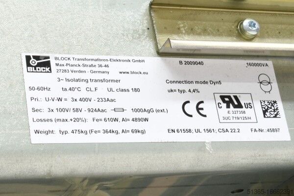 Isolating transformer, three-phase, 160kVA BLOCK 45897