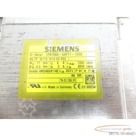Control unit Siemens 1FK7063-5AF71-1EG0 Motor SN: YFW712151303002 generalüberholt mit 12 Monaten Gewährleistung