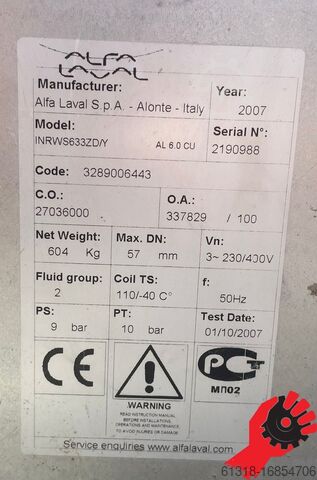 Glycol evaporator - cooler Alfa Laval INR WS 6777D/Y.