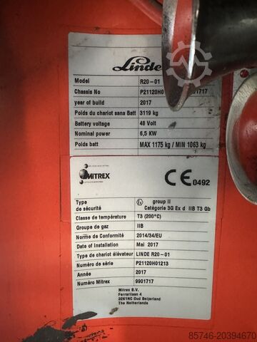 R 20 - Atex Mitrex EX 3G / Zone 2 * Triplex FFL !! NEUE Batterie !! LINDE R 20 -  Atex Mitrex EX 3G / Zone 2 * Triplex FFL  !! NEW battery !!
