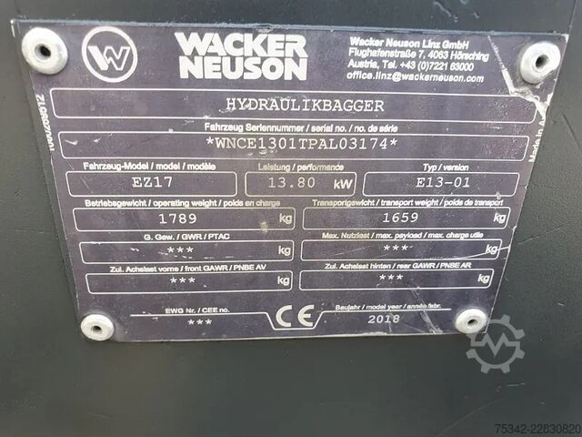 Minibagger WACKER NEUSON E13-01 - Model EZ17 Minigraver - 757 uren