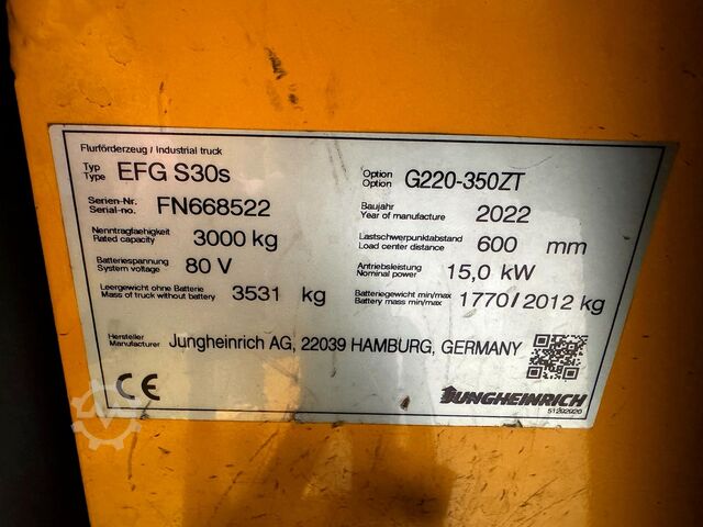 Service + statutory accident prevention inspection (UVV) 07/27, electric, 2,910 operating hours Jungheinrich EFG S30