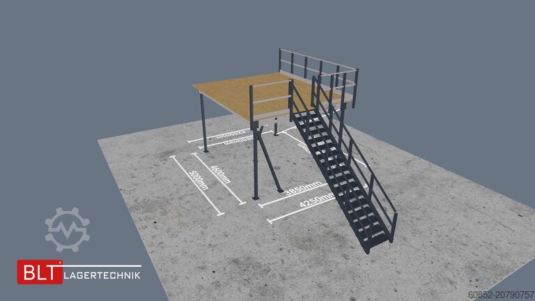 Lagerbühne 21,25 m² Lagerbühne + Treppe 500 kg/m² Geländer an zwei Seiten, Oberkante 300cm