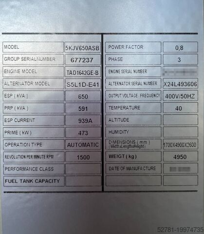 Generator set Volvo TAD1642GE - 650 kVA Generator - DPX-18884