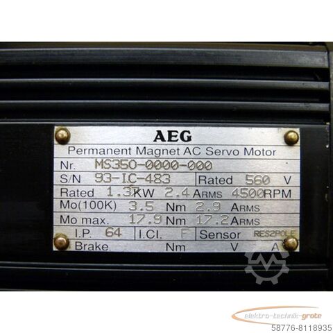 AEG motor AEG MS350-0000-000 Permanent Magnet AC Servo Motor SN: 93-IC-483