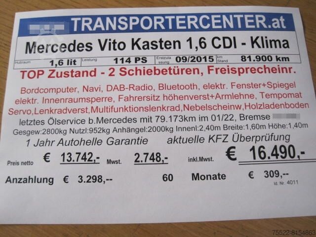 Kastenwagen Mercedes-Benz Vito Kasten 1,6 CDI - 2 Schiebetüren - TOP Zustand - Klima, Tempomat, Navi, Parktronic vorne und hinten