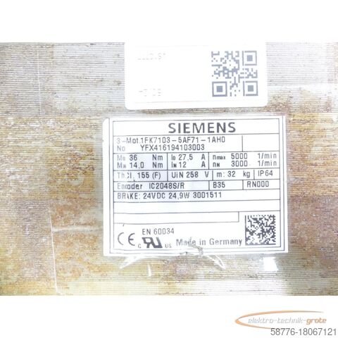 Siemens motor Siemens 1FK7103-5AF71-1AH0 Motor SNYFX416194103003 generalüberholt mit 12 Monaten Gewährleistung!