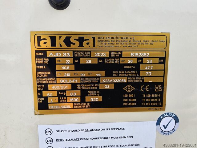 Generator AKSA AJD 33 EU | 33 kVA Diesel Notstrom Schallgedämmt | NEU 2024