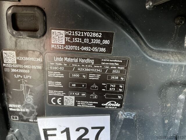 Electric 3-wheel forklift Linde E16C-02