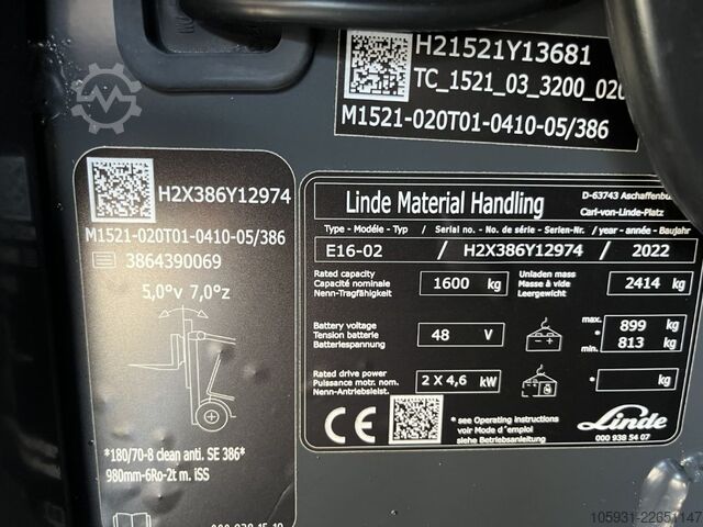 Electric 3-wheel forklift Linde E16-02