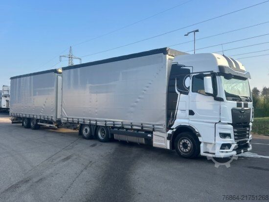 Flatbed truck with tarp MAN TGX 26.480 6X2, PRITSCHE-PLANE JUMBO-ZUG, H&W TANDEM