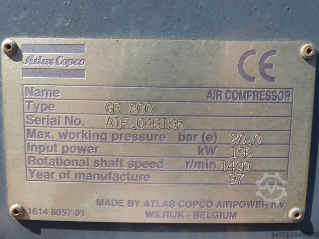 Schraubenkompressor 20 bar Atlas Copco Atlas Copco GR200