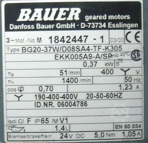 Geared motor 0.37 kW 51 rpm with frequency converter BAUER BG20-37W
