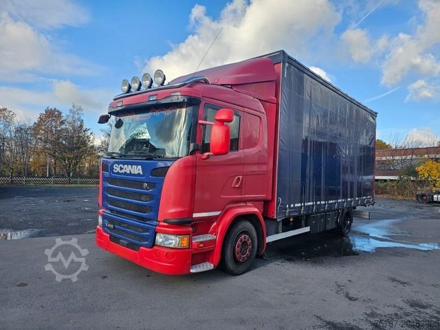 Flatbed truck with tarp SCANIA G410 Volumen, Edscha, Hubdach+Tandemhänger