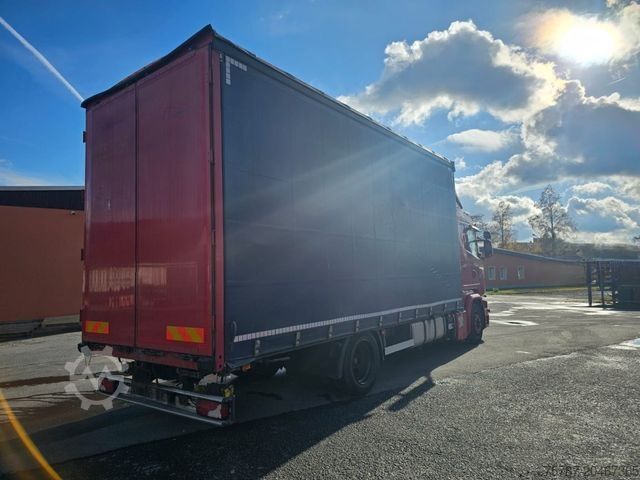 Flatbed truck with tarp SCANIA G410 Volumen, Edscha, Hubdach+Tandemhänger
