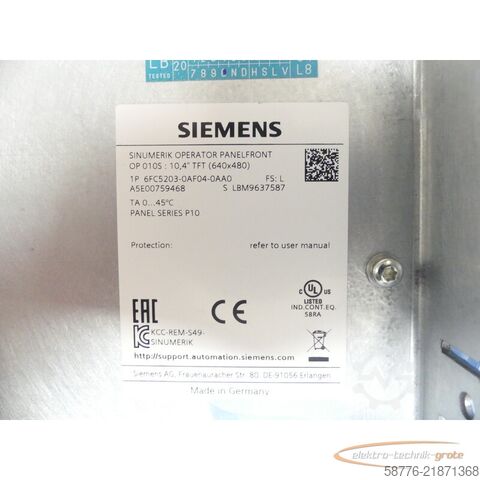 Component Siemens 6FC5203-0AF04-0AA0 Bedientafelfront SN: LBM9637587 --