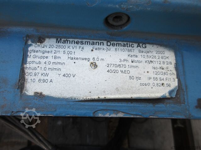 Kettenzug Hubwerk Kran Hallenkran Demag DKUN Nutzlast 5000KG Kettenzug DKUN 20-2500 K V1 F4 HUB 6m Kran 400V