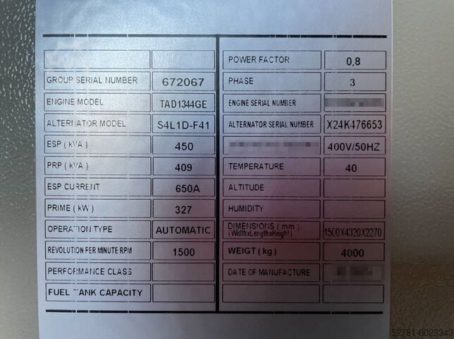 Generator set Volvo TAD1344GE - 450 kVA Generator - DPX-18880