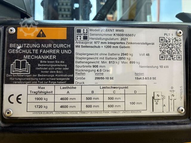 Electric 3-wheel forklift Hyster J 2.0 XNT MWB