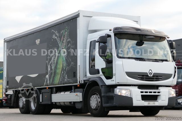 Flatbed truck with tarp RENAULT Premium 430 Getränkewagen Lift-/Lenkachse EU5