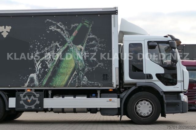 Flatbed truck with tarp RENAULT Premium 430 Getränkewagen Lift-/Lenkachse EU5