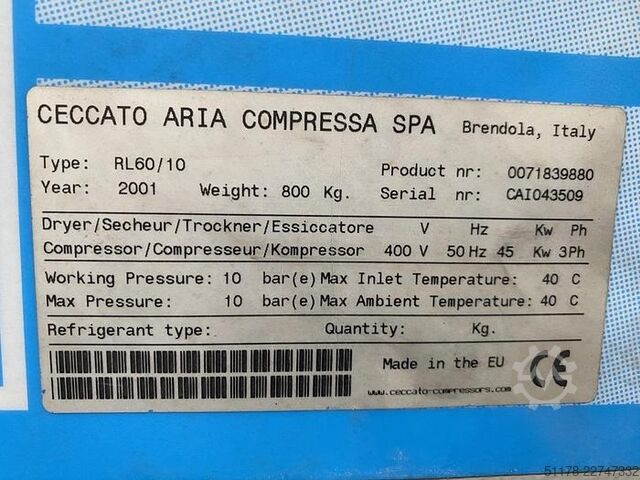 2001 Ceccato RL60/10 Kompressor, 10 bar Ceccato RL60/10