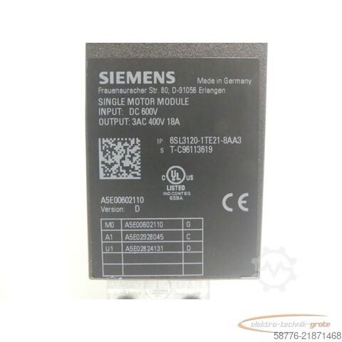 Component Siemens 6SL3120-1TE21-8AA3 Single Motor Module SN:T-C96113619 --