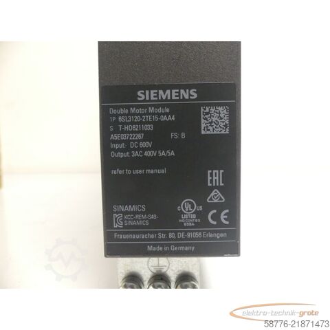Component Siemens 6SL3120-2TE15-0AA4 Double Motor Module SN:T-H06211033 --
