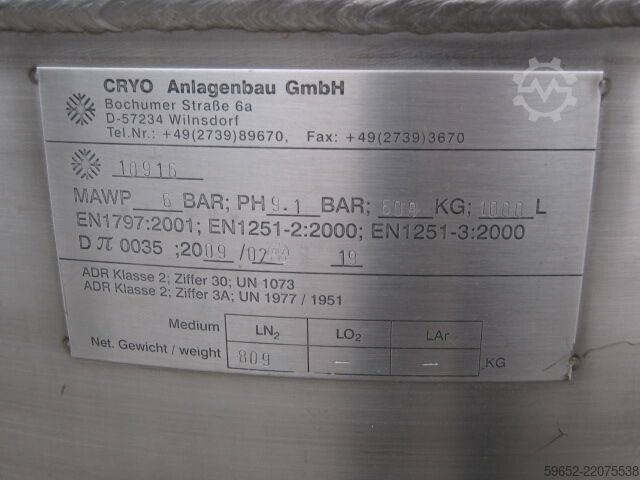 Storage tank for liquid nitrogen CRYO Vakuumtank Stickstoff 1000 Liter