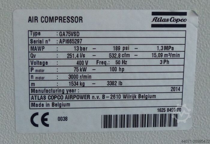 Screw compressor GA75VSD Atlas Copco GA75VSD