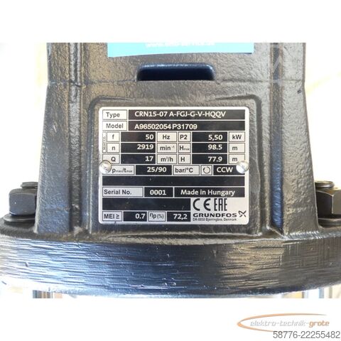 Component Grundfos CRN15-07 A-FGJ-G-V-HQQV Pumpe + MG132SC2-38FF265-H3 --